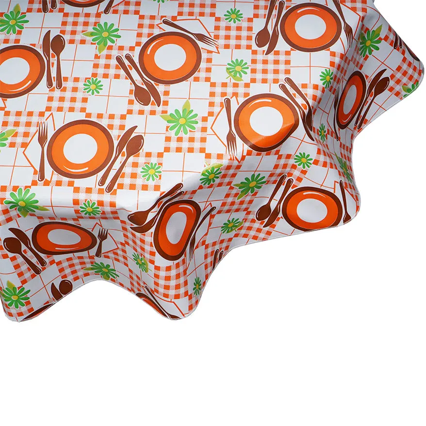 Round Oilcloth Tablecloth Picnic Orange and Brown