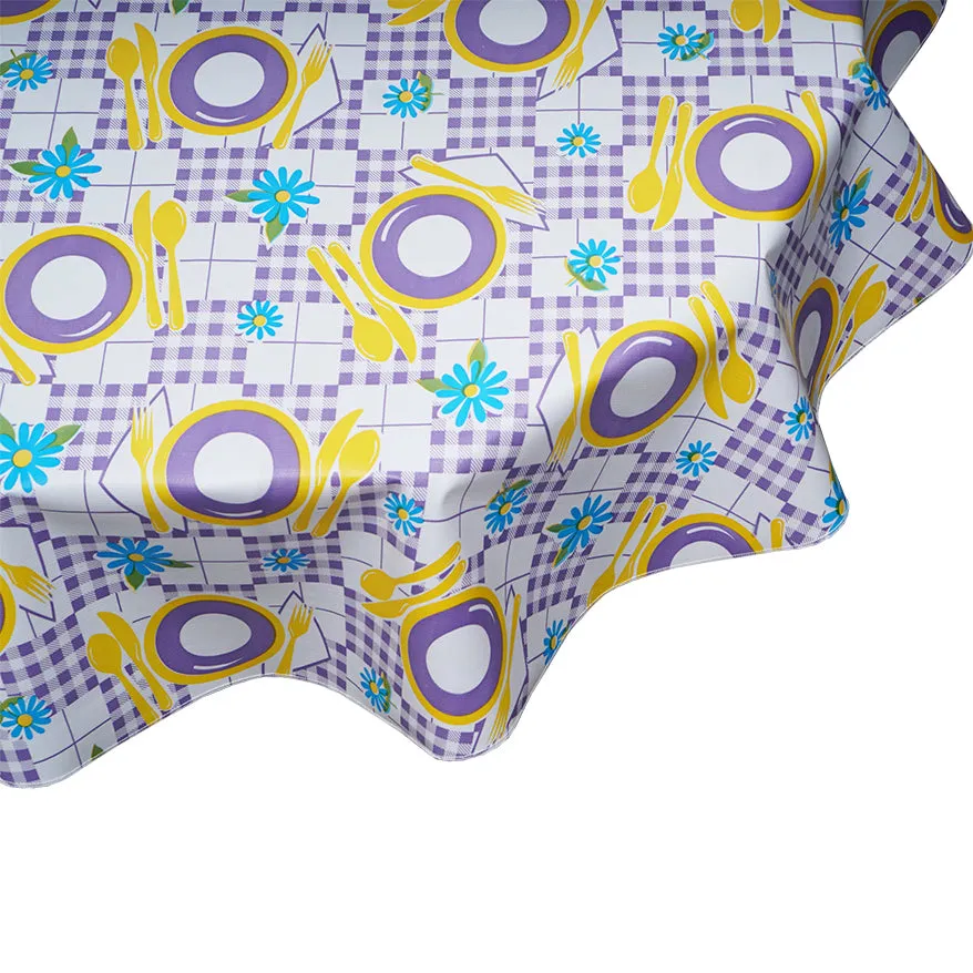 Round Oilcloth Tablecloth Picnic Purple and Yellow