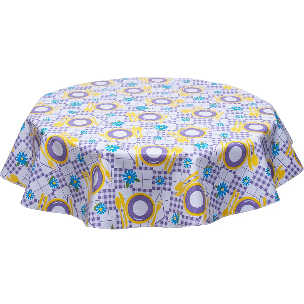 Round Oilcloth Tablecloth Picnic Purple and Yellow