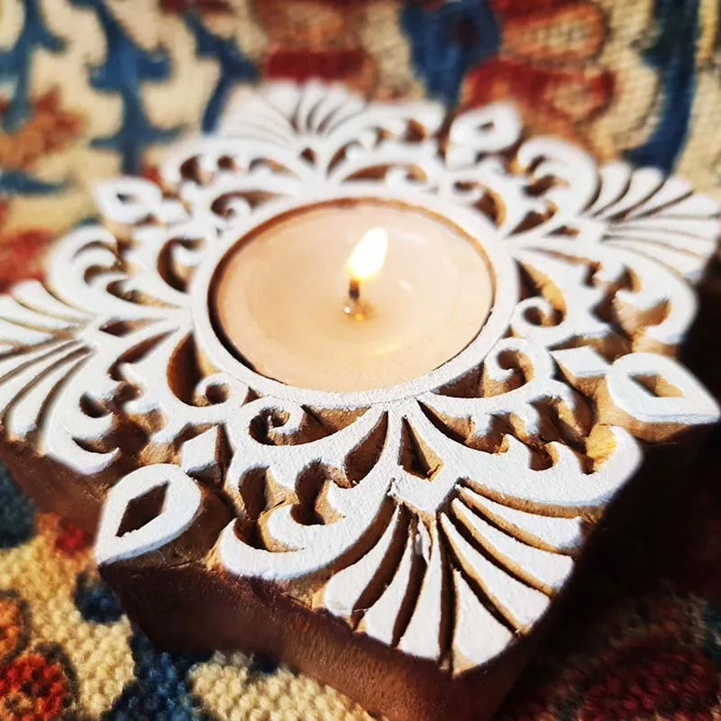 Square Hand Engraved Wood Tealight Holder