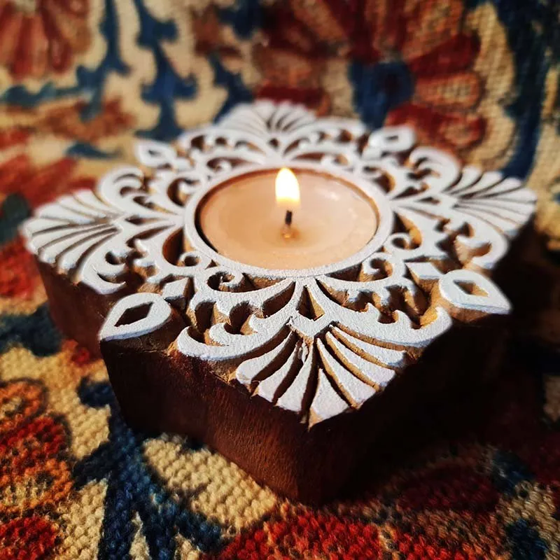 Square Hand Engraved Wood Tealight Holder