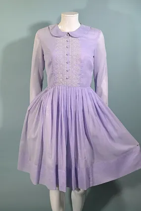 Vintage 60s Lavender Embroidered Cottagecore Dress, Peter Pan Collar S